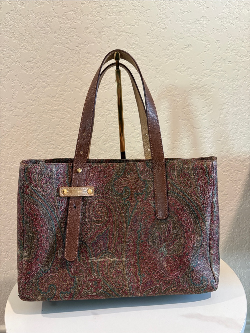Etro Paisley Pattern Brown Leather-Trim Tote Bag - Picture 3 of 14